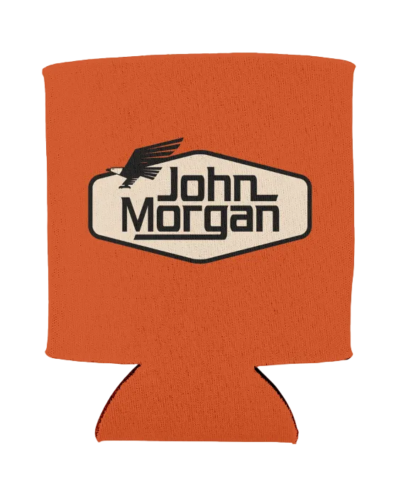 An orange neoprene can cooler sleeve featuring a cream-colored hexagonal patch with the text 'John Morgan' and a black eagle logo, shown on a plain white background.