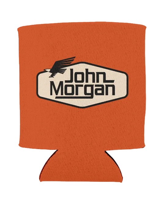 An orange neoprene can cooler sleeve featuring a cream-colored hexagonal patch with the text 'John Morgan' and a black eagle logo, shown on a plain white background.